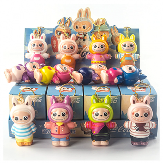 12 Pcs Kawaii The Monsters Labubu Flocking Doll Keychains Blind Box