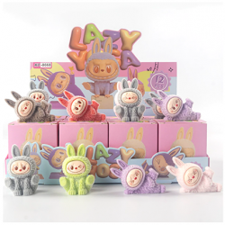 12 Pcs Kawaii The Monsters Lazy Yoga Labubu Flocking Doll Blind Box