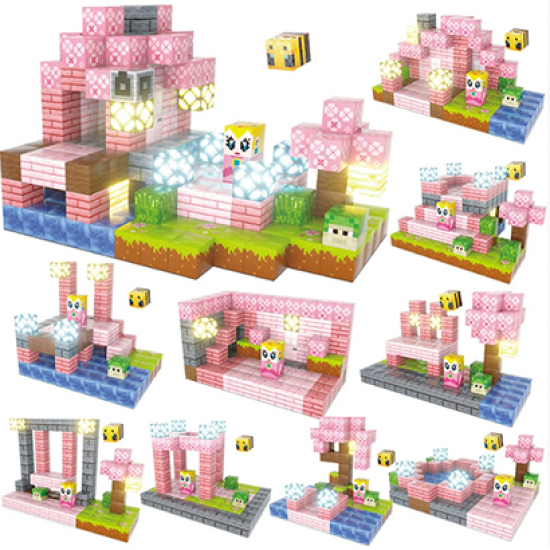 188 Pcs Minecraft Cherry Blossom Magnetic Blocks with LED Light