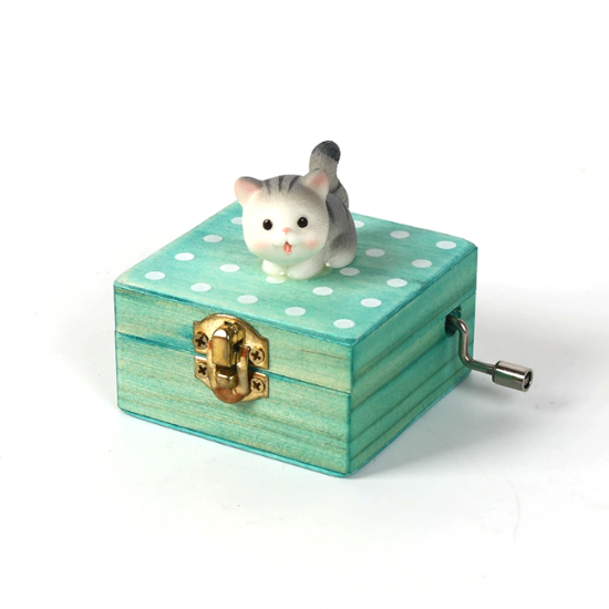 Cute Grey Cat Wood Jewelry Music Box 